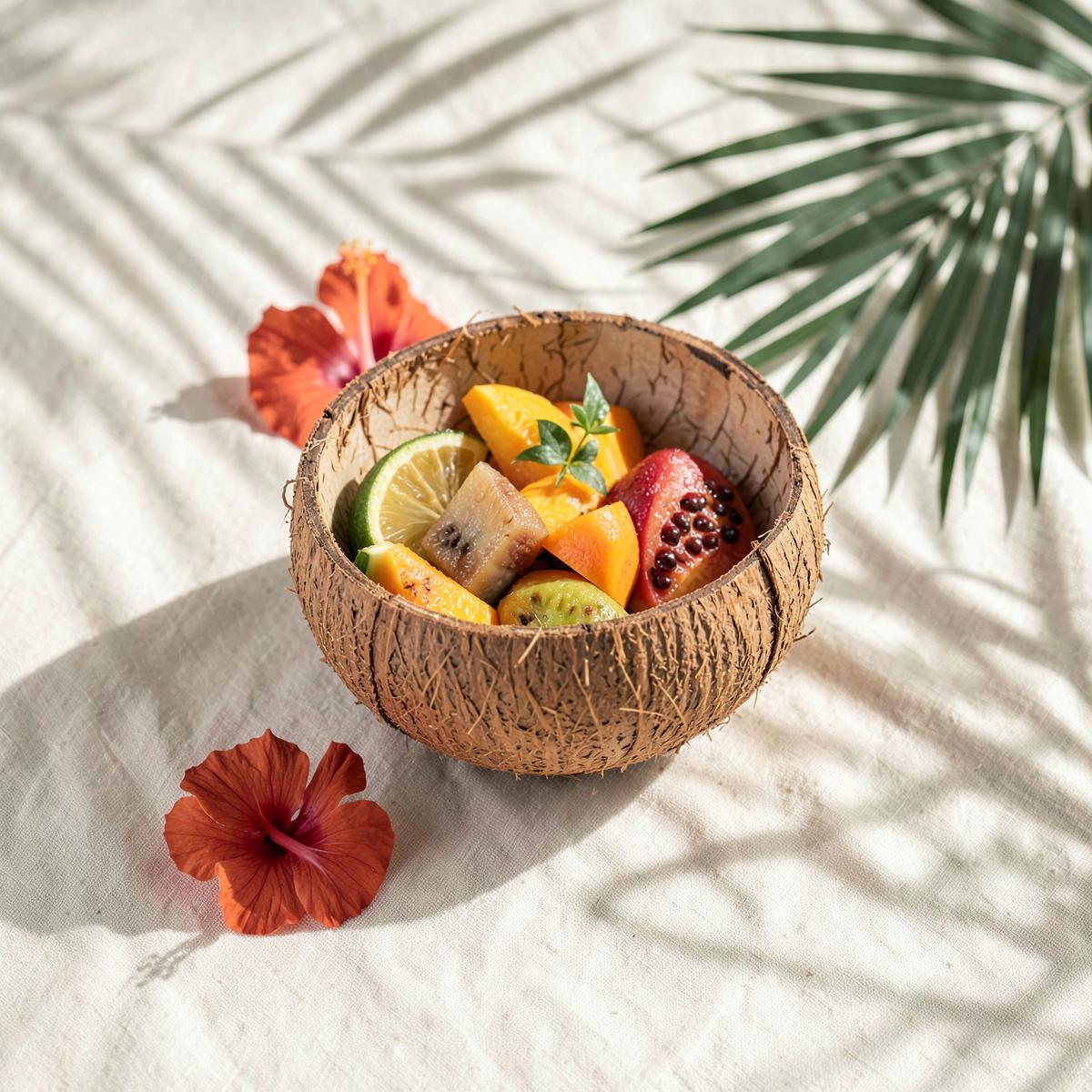 Taça de coco com fruta tropical e flor de hibisco